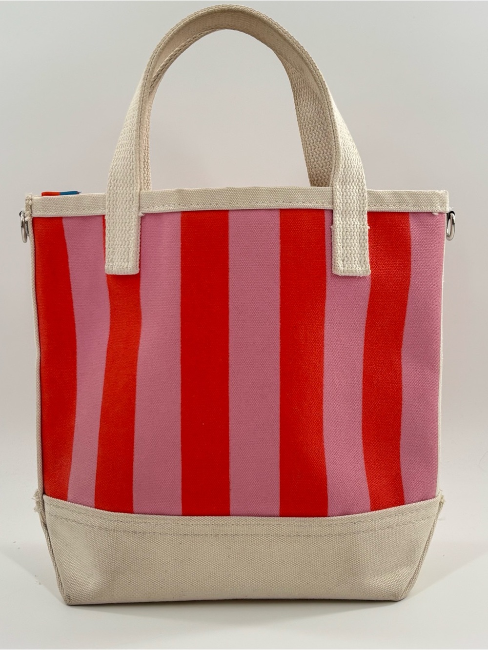 Kule All Over Striped Tote Canvas Bucket Bag Pink Poppy Double Handles